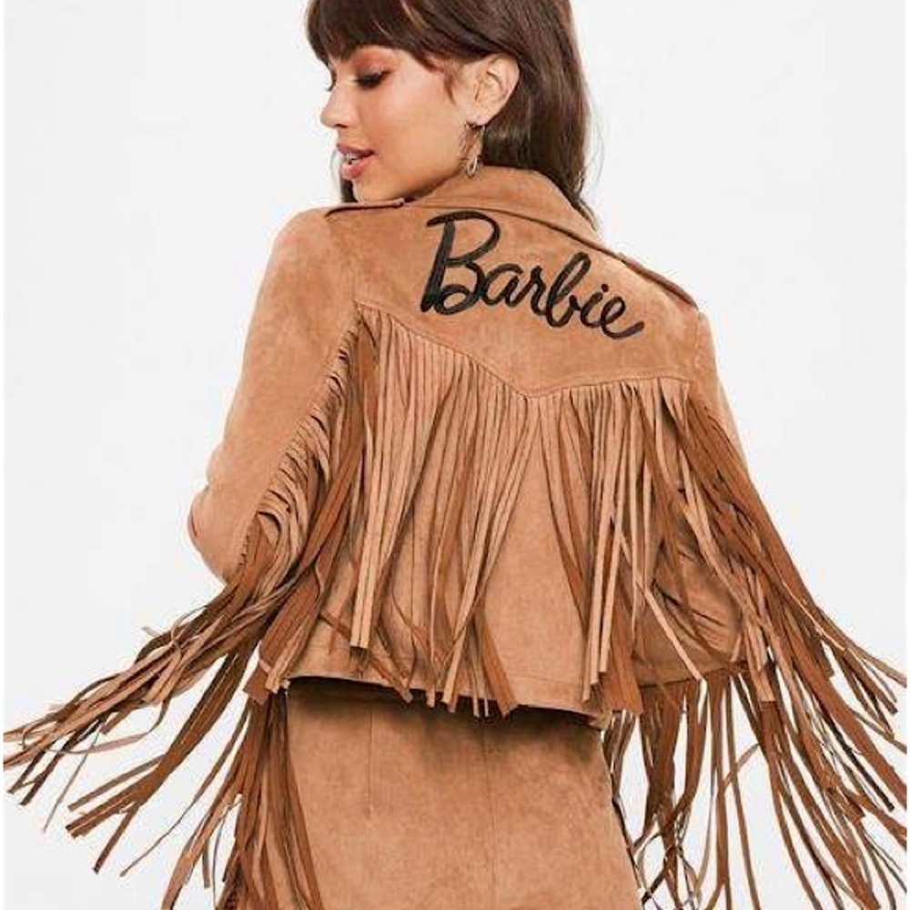 Barbie x Missguided Tan Faux Suede Logo Fringe Biker Jacket - Picture 6 of 6